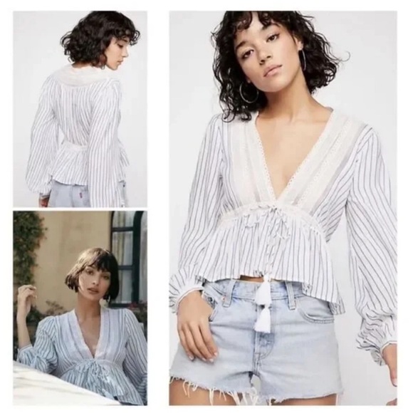 Free People | Oberoi Hippie Plunging V Neck Lace Tassel Boho Sheer Peplum Top- M - Picture 4 of 9